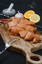 Skewers with marinated turkey meat with sweet and spicy rub on dark background