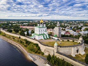 Aerial of the kremlin and the Trinity Cathedral in Pskov