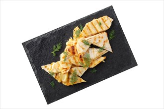 Portion of thin pita stuffed with melted cheese isolated on white background