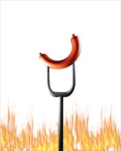 Grill or barbecue cookout concept. Bangers sausage on fork over the fire on white background