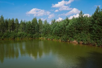 Lake in deep forest surrounded by spruce and birch trees