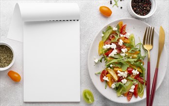 Top view tomato mix salad with feta cheese blank notebook. Resolution and high quality beautiful photo