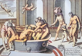 Women's and men's bath. Engraving after a mural for the bathroom of Cardinal Bibiena