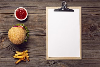 Top view burger with mock up clipboard. Resolution and high quality beautiful photo