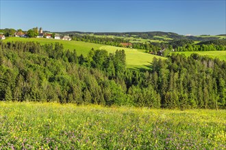 Spring landscape near St. Maergen with monastery church