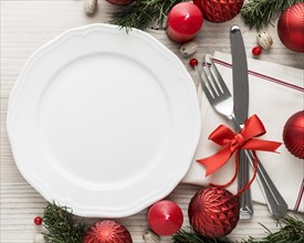 Top view christmas tableware with empty plate. Resolution and high quality beautiful photo