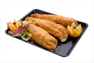 Baked fish in batter on tray isolated on white