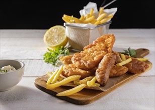 Fish chips chopping board with lemon