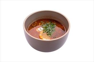 Traditional solyanka soup isolated on white