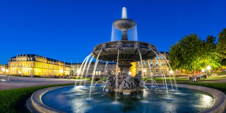 Schlossplatz with fountain and Neues Schloss travelling panorama at night in Stuttgart