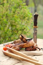 Grilled ribs and champignon on skewer served with fresh cucumber and tomato on wooden table outdoor