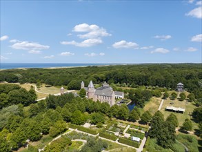 Aerial view of Westhove Castle with coastal landscape and view of the North Sea