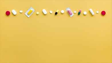 Top view different pills row with copy space. Resolution and high quality beautiful photo