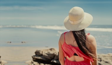 Back view of girl with hat looking at the sea