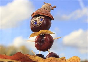 Smart chestnut figure with hat in the blue sky