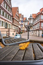 Autumn atmosphere with leaves on seating belt in half-timbered town