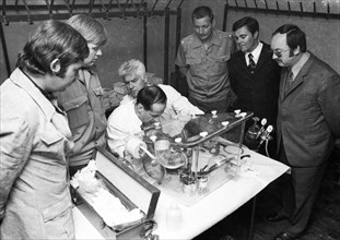 A delegation of scientists from the USSR visited Germany to exhibit space technology and moon dust in the Westfalenhalle in Dortmund on 03. 06. 1973. Police took care of the guests and the moon dust
