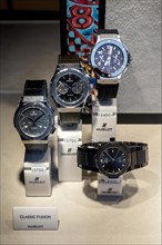 High-quality watches of the luxury brand Hublot in the shop window with price tag