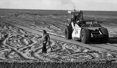The Maasvlakte in the Netherlands at the start of construction on 10. 11. 1971 on a very large international port near Rotterdam