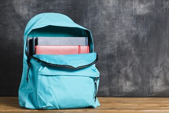 Blue backpack with textbooks
