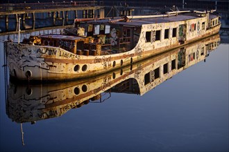 Shipwreck of the MS Dr. Ingrid Wengler in the Spree in early morning light