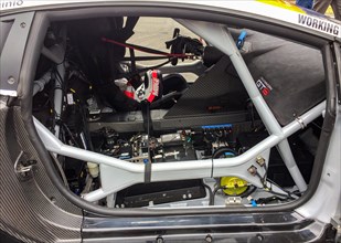 View into the interior of the driver's cockpit of the Lamborghini Huracan GT3 racing car