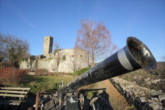 Koenigstein Castle built 12th century with medieval cannon and cannon barrel