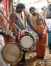 Musicians playing Thavil melam percussion in Dasara Dussera Dusera Festival at Kulasai Kulasekharapatnam near Tiruchendur