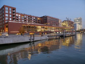 Magdeburg Harbour and Elbarkaden in Hamburg's Hafencity in the evening. Hafencity