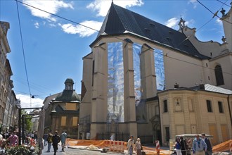 Cathedral of the Assumption of the Virgin Mary with covered windows to protect against blast waves during explosions