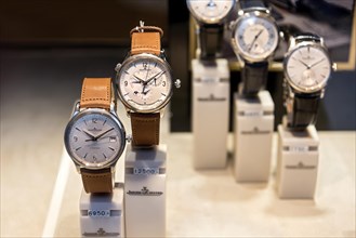 High quality watches of the luxury brand Jaeger-LeCoultre in the shop window with price tag