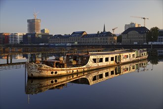 Shipwreck of the MS Dr. Ingrid Wengler in the Spree in early morning light