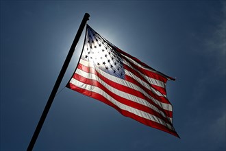 American flag in front of the sun