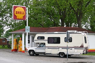 Camper in front of the 1926 Soulsby Shell Station