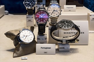 High quality watches of the luxury brand IWC Schaffhausen in the shop window with price tag