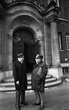 KPD chairman Max Reimann and GDR lawyer Wolfgang Vogel in front of the Duesseldorf district court in 1968