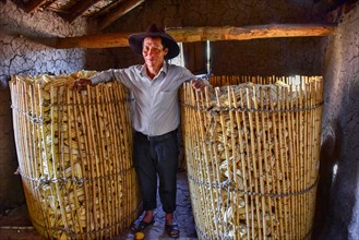 Indio man with traditionally stored dried corn cobs in his house