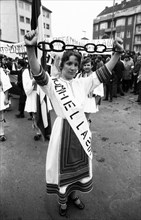 A demonstration with folklore elements in Duesseldorf on 25. 5. 1971 against the rule of a military junta and for democracy in their country by Greek guest workers and Germans