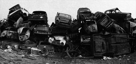 Pile of scrap cars on 25. 2. 1972 in Duisburg