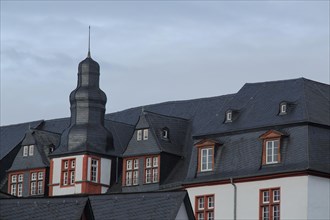 Slate roof with spire and dormers from Renaissance castle