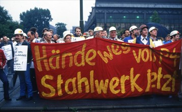 Ruhr area. Steelworkers for the preservation of jobs in the steel sector ca. 1982