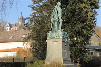 Monument with statue of the Nassau Duke Adolph 1817-1905 and Villa Andreae Castle