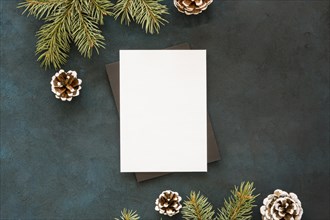 Blank paper surrounded by pine leaves cones