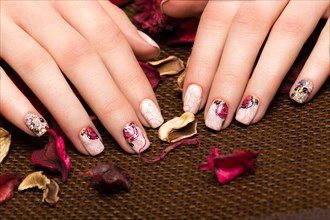 Beautiful manicure with flowers on female fingers. Nails design. Close-up. Picture taken in the studio on a white background