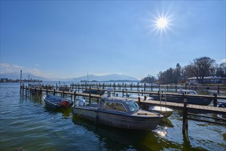 Lake Ciemsee wooden jetty and fishing boat