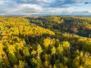 Drone view of sundown over forest and rural landscape in autumn