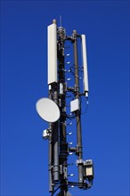 Transmission mast with directional radio antenna and antennas for mobile phone reception