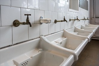 Row of dirty white sinks