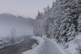 Snow-covered path along the Sulzbach in winter