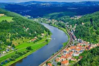 Aerial view of the Elbe Sandstone Mountains or Saxon Switzerland and the town of Koenigstein